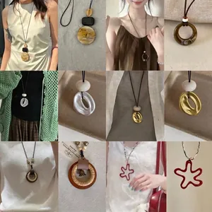 Collana Lunga Etnica Vintage Resina Legno Lega Pendente Geometrico Catena Maglione Per Donne Stile Retrò