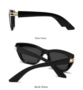 Detail der schwarzen quadratischen Sonnenbrille mit goldenen Metallscharnieren und Seitenansicht
