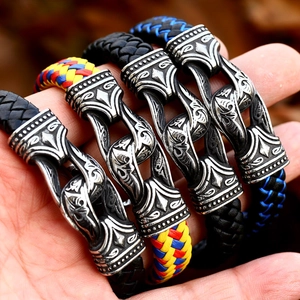 Men Braided Leather Bracelet Stainless Steel Viking Carved Pattern Magnetic Clasp Retro Nordic Gothic Jewelry Accessories