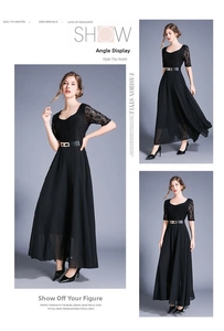 Close-up of black lace patchwork and chiffon midi dress with metal buckle belt