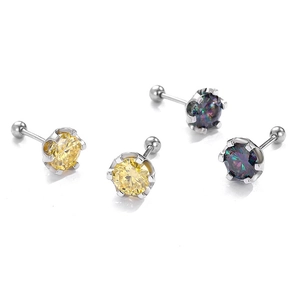 Classic silver stud earrings with vibrant yellow and iridescent purple gemstones