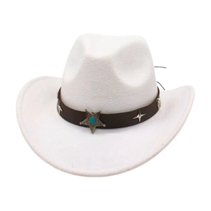 Detail of white felt cowboy hat with leather band featuring turquoise star metal buckle
