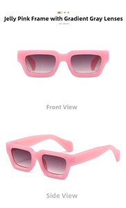 Macro view of pink square sunglasses with gradient grey lenses and thick frame