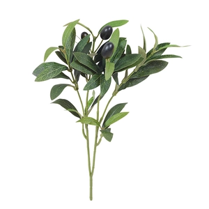 Artificial olive branch with green leaves and black fruit for home decor on white background