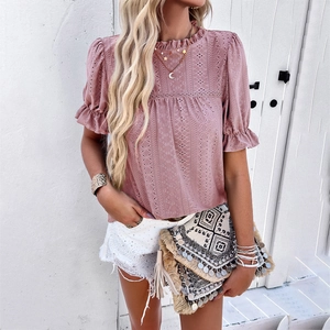 Women Blouses Hollow Out Eyelet Embroidery Puff Short Sleeve Ruffle Stand Collar Textured Summer Casual Commuter Tops