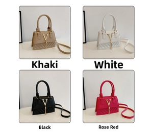 Detail view of khaki, white, black, and rose red crossbody bags with fringe V-buckle