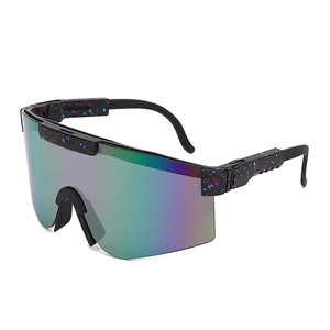 Herren Sportsonnenbrille mit Regenbogen-Polargläsern und blau-rot gesprenkeltem Rahmen
