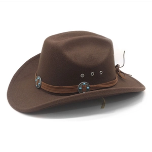 Detail of dark brown wool felt cowboy hat featuring turquoise beads and metal eyelets
