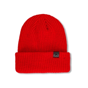 Detailed view of red ribbed knit beanie with black leather patch and metal stud detail