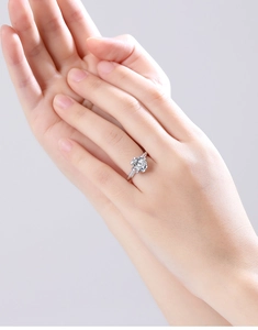 Close-up of a 2-carat sparkling moissanite silver ring on a model hand for a luxury look