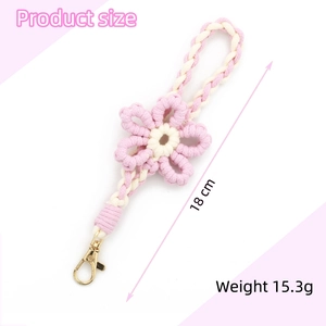Handmade woven flower keychain and phone lanyard in pink and beige, 18cm long