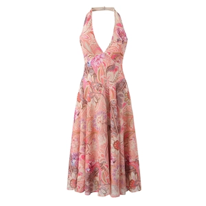 Pink paisley backless maxi dress with halter neck and bohemian floral patterns