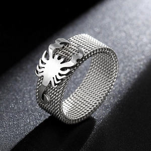 8mm silver stainless steel mesh band ring with 3D scorpion design and matte finish