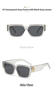 Detail of square gray sunglasses with gold diamond-shaped metal accents on the temples