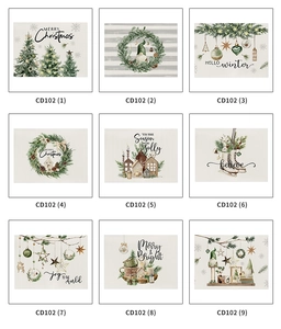 Detailed grid of nine Christmas linen placemats with watercolor festive gnome and tree patterns