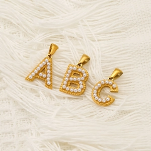 Golden stainless steel A, B, C letter pendants with inlaid white pearls on feather texture