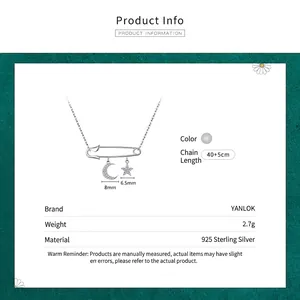 S925 sterling silver safety pin necklace with micro-pave moon and star charms