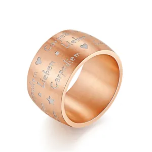 Stainless Steel Ring Wide Band Brushed Matte Carpe Diem Lieben Engraved Heart Star Pattern Unisex Fashion Jewelry
