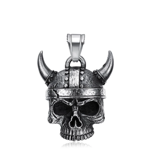 Vintage stainless steel viking warrior skull bell pendant with horns in silver finish