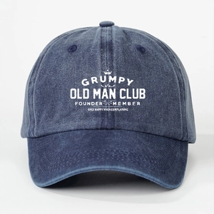 Detail of navy washed denim baseball cap with Grumpy Old Man Club white embroidery