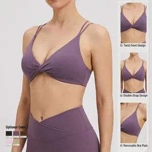 Soutien-gorge de sport violet col en V avec legging taille haute et détail torsadé