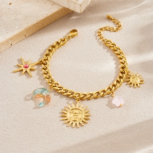 18K gold plated stainless steel bracelet with bohemian sun moon star charms and gems
