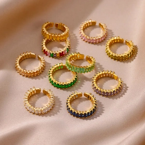 Detailed collection of gold adjustable open rings with colorful square zircon gemstones
