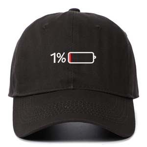 Close-up of low battery embroidery on a black cotton baseball cap with 1% detail