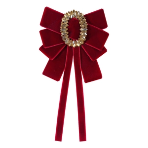 Elegant deep red velvet bow brooch with vintage crystal center in golden setting