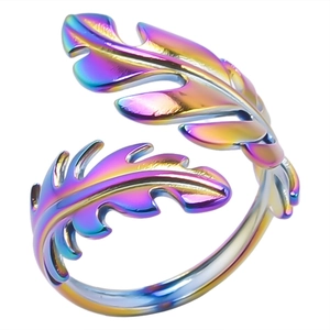 Detail of leaf pattern ring with vibrant rainbow electroplated finish and open band