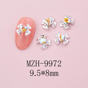 Detail of silver alloy bow nail art charm with heart rhinestone, size 9.5x8mm, model MZH-9972