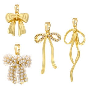 Elegant Bow Ribbon Pendant Brass Inlaid Artificial Pearl Rhinestone Long Tassel Sweet Niche Jewelry For Women