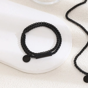 Modern black stainless steel double-layered bracelet with rectangular and round pendants