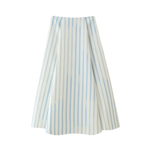 Detailed view of lightweight blue and white vertical striped A-line skirt fabric and texture