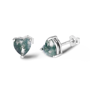 Macro shot of S925 sterling silver heart earrings with green moss agate stones