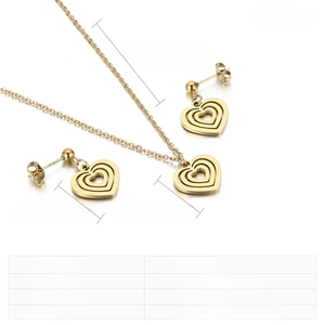 Close-up of multilayer hollow heart stainless steel necklace set with dimensions data