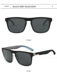 Macro detail of polarized rectangular sunglasses with matte black frames and blue-gray inner arms