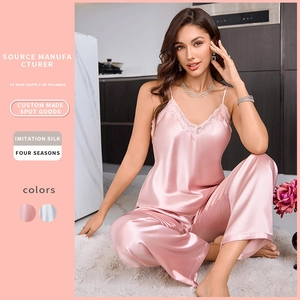 Women Imitation Satin Satin Camisole And Long Pants Pajamas Lace Trim V Neck Elegant Sleepwear Loungewear