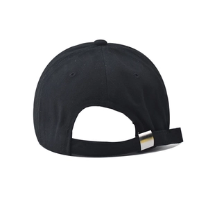 Detail view of cotton baseball cap back with adjustable silver metal buckle closure