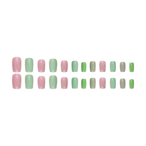 24-piece luxury green and pink glitter wave line press-on nails set with square shape