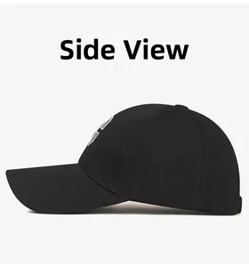 Detailed side view of black baseball cap featuring white C-letter embroidery on textured fabric