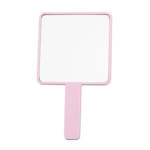 Minimalist pink square handheld mirror with ergonomic handle for makeup use