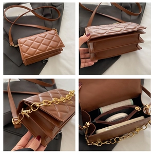 Collage of brown quilted crossbody bag showing metal chain, interior pockets, and bottom
