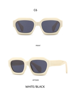 Front and side view of thick-frame geometric sunglasses in ivory white with black lenses