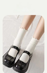 Nahaufnahme weißer Rüschensocken mit Rippstruktur getragen mit Mary Janes