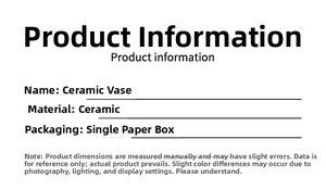 Detailed ceramic vase product specifications including material and packaging info