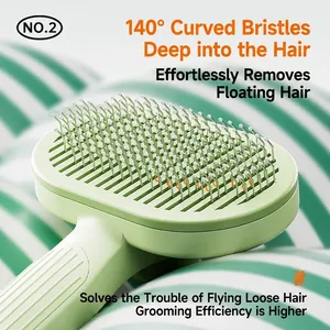 Green pet slicker brush with 140 degree curved needles and protective tips for shedding