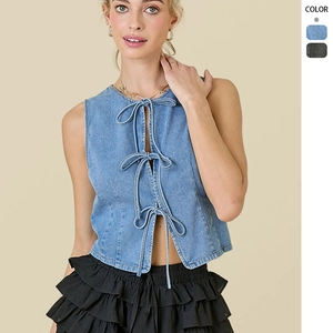 Women Vintage Washed Denim Vest Sleeveless Bow Tie Front Short Waistcoat Streetwear Sexy Top