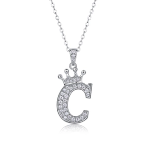 925 silver necklace featuring a crown-topped letter C pendant with sparkling moissanite