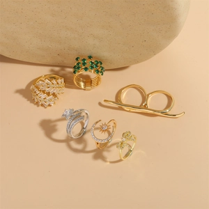 Copper Zircon Open Adjustable Rings Star Moon Bow Leaf Multi-layer Double Finger Jewelry For Women Ins Style